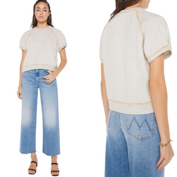 NWT Mother Short Sleeve Concert Tuck Cotton Blend Crewneck Top Gray Size: Medium - Picture 1 of 8